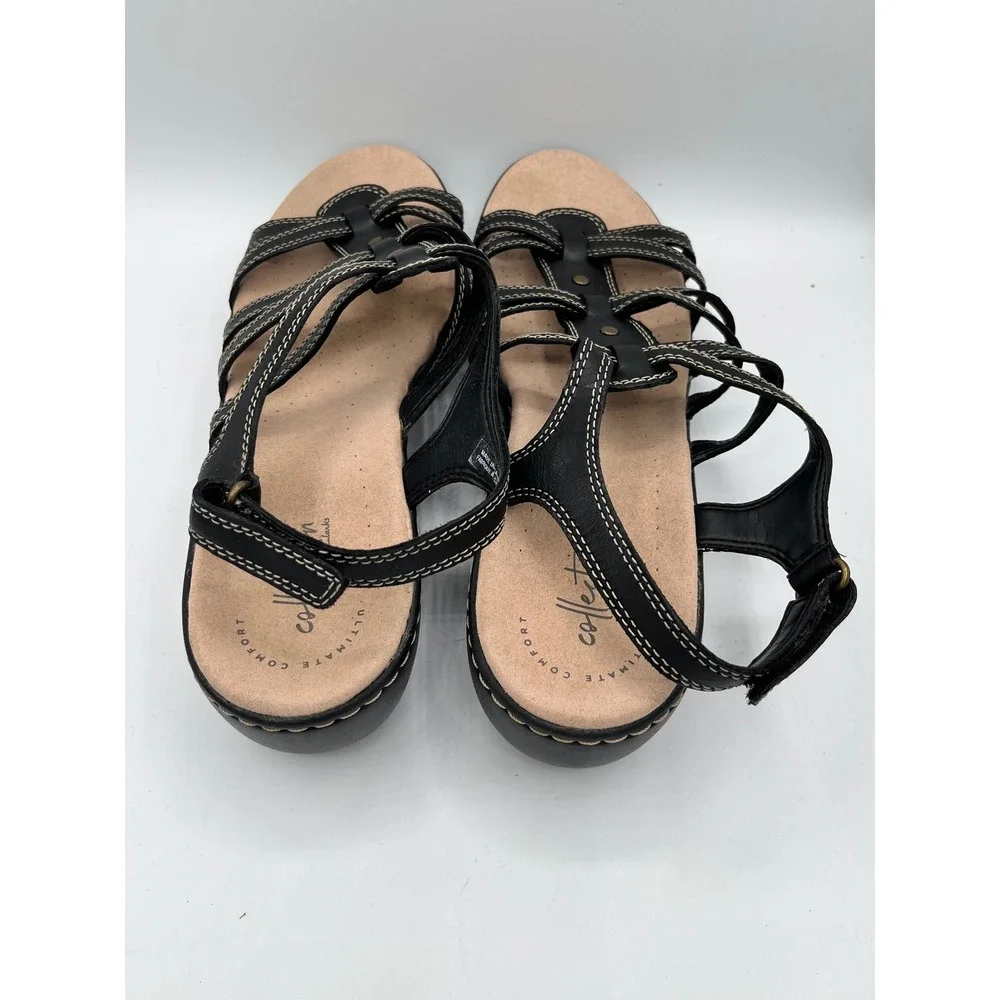 Clarks Delana Curve Black Leather Strappy Wedge Sandals Women Size 10M